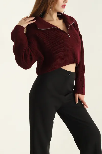 Bordo Fermuarlı Triko Bayan Crop Kazak 300313