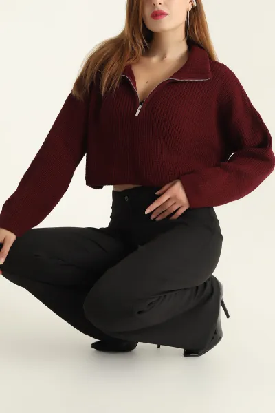 Bordo Fermuarlı Triko Bayan Crop Kazak 300313