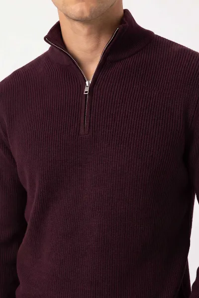 Bordo Fermuarlı Yaka Triko Erkek Kazak 491414