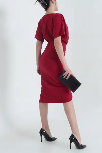 Bordo Fermuarlı Yarasa Kol Crep Elbise 342971
