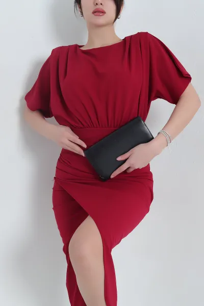 Bordo Fermuarlı Yarasa Kol Crep Elbise 342971