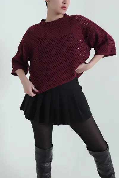 Bordo File Örgü Kadın Triko Bluz 434008