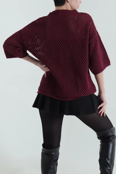 Bordo File Örgü Kadın Triko Bluz 434008