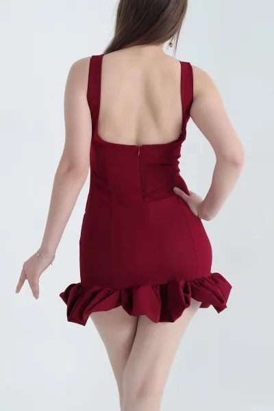Bordo Fırfırlı Fermuarlı Sırt Detay Atlas Elbise 337848