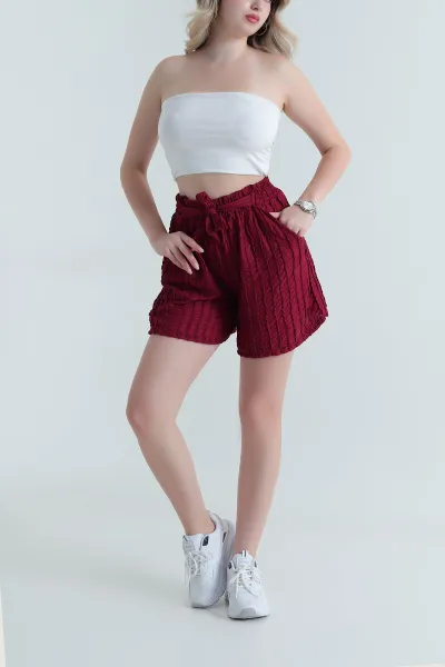 Bordo Fırfırlı Kumaş Kadın Şort 465845