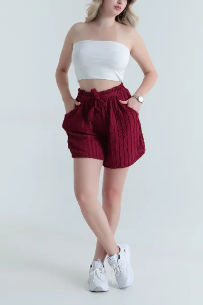 Bordo Fırfırlı Kumaş Kadın Şort 465845
