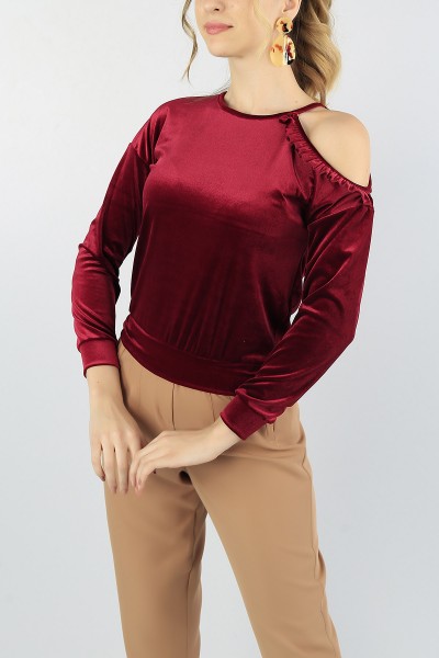 Bordo fırfırlı Omuz Kadife Bluz 55284