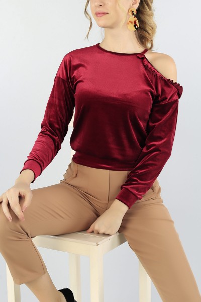 Bordo fırfırlı Omuz Kadife Bluz 55284