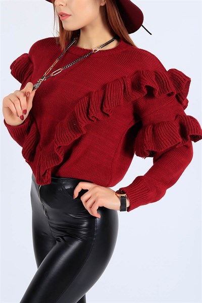 Bordo Fırfırlı Tasarım Triko Kazak 25756B