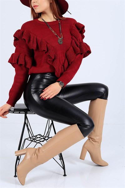 Bordo Fırfırlı Tasarım Triko Kazak 25756B