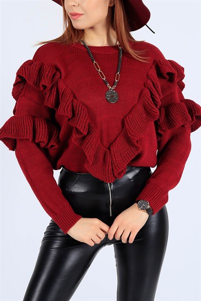 Bordo Fırfırlı Tasarım Triko Kazak 25756B