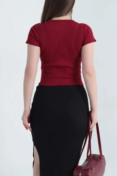 Bordo Fitilli Likralı Bisiklet Yaka Bady Bluz 338311