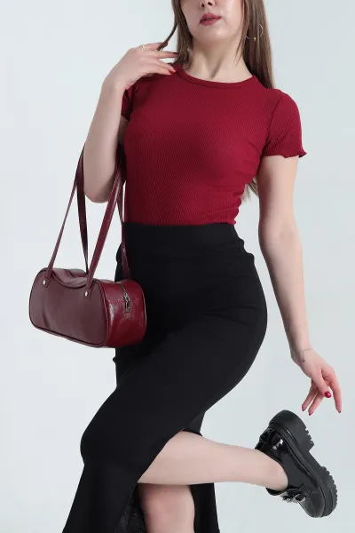 Bordo Fitilli Likralı Bisiklet Yaka Bady Bluz 338311