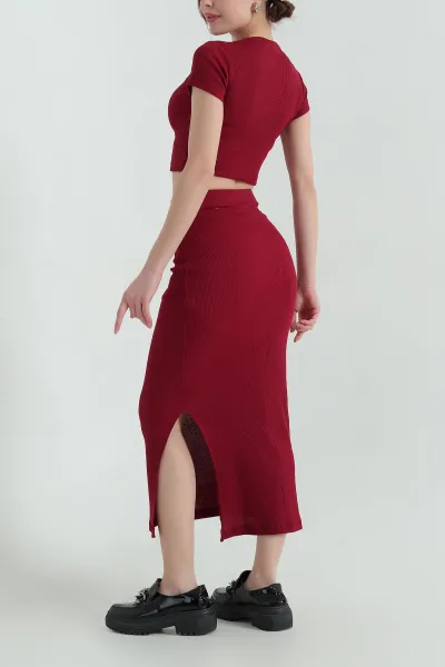 Bordo Fitilli Likralı Bluz Etek İkili Takım 336786