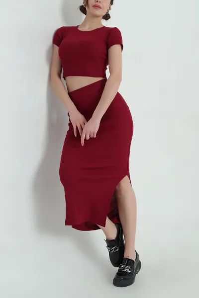 Bordo Fitilli Likralı Bluz Etek İkili Takım 336786