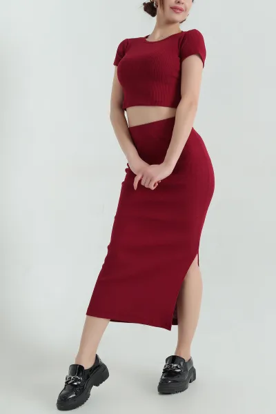 Bordo Fitilli Likralı Bluz Etek İkili Takım 336786