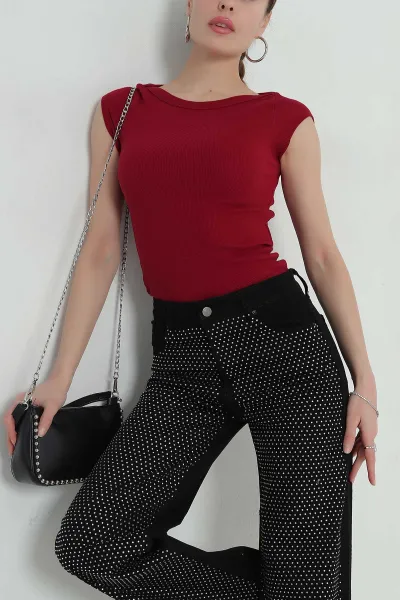 Bordo Fitilli Likralı Omuz Detay Kadın Bluz 350668