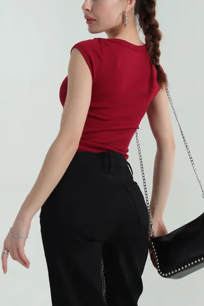 Bordo Fitilli Likralı Omuz Detay Kadın Bluz 350668