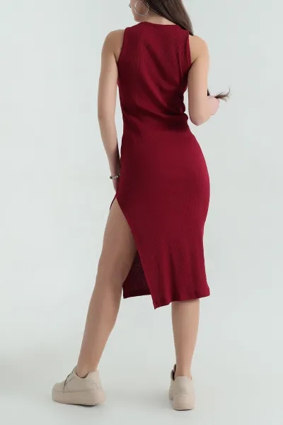 Bordo Fitilli Likralı  Yırtmaçlı Kolsuz Kadın Elbise 336792