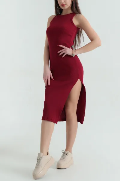 Bordo Fitilli Likralı  Yırtmaçlı Kolsuz Kadın Elbise 336792