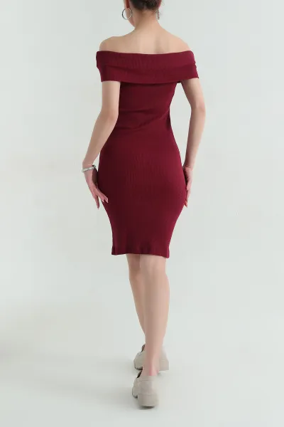 Bordo Fitilli Madonna Yaka Likralı Kadın Elbise 357807