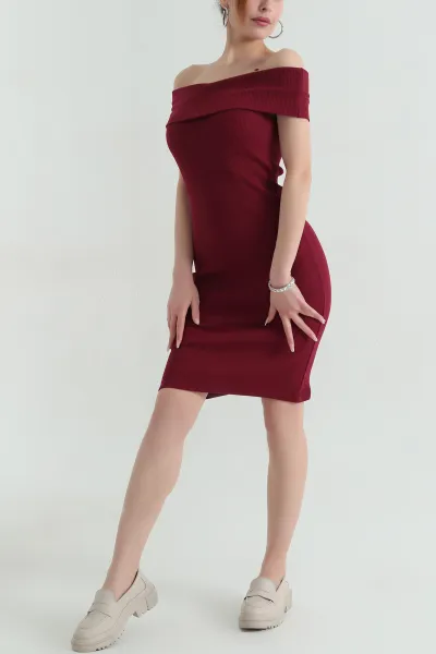 Bordo Fitilli Madonna Yaka Likralı Kadın Elbise 357807
