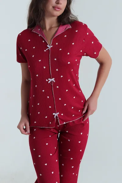 Bordo Fiyonklu Kaşkorse Kadın Pijama Takımı 476185