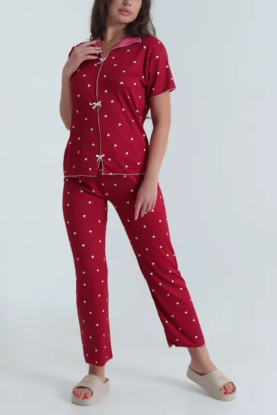 Bordo Fiyonklu Kaşkorse Kadın Pijama Takımı 476185
