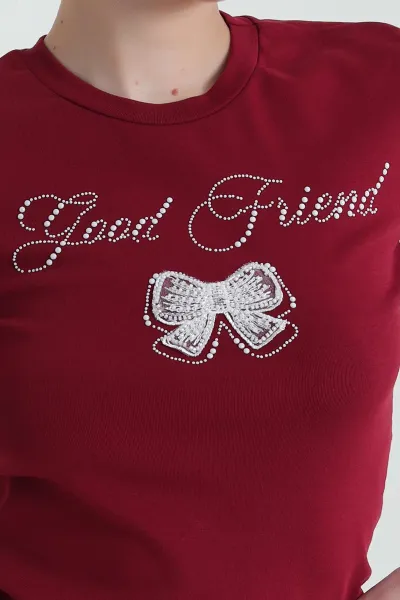 Bordo Fiyonklu Ribana Kadın Tişört 435306
