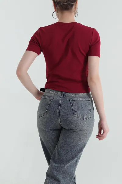Bordo Fiyonklu Ribana Kadın Tişört 435306