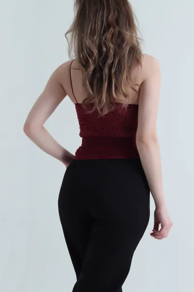 Bordo Flok Baskılı Kadın Tül Bluz 459281