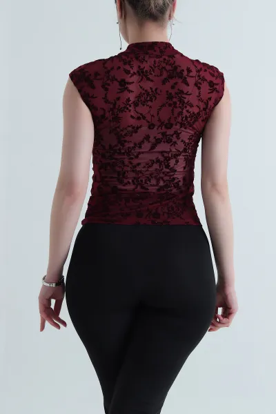 Bordo Flok Baskılı Tül Kadın Bluz 454031