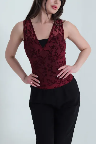 Bordo Flok Baskılı Tül Kadın Bluz 455389