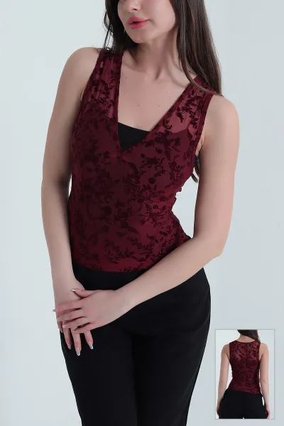 Bordo Flok Baskılı Tül Kadın Bluz 455389