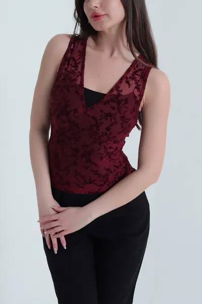 Bordo Flok Baskılı Tül Kadın Bluz 455389