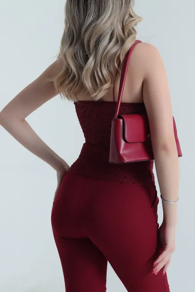 Bordo Flok Baskılı Tül Kadın Bluz 481431