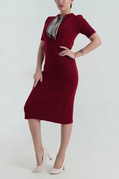 bordo-fular-detay-kadin-triko-elbise-417829