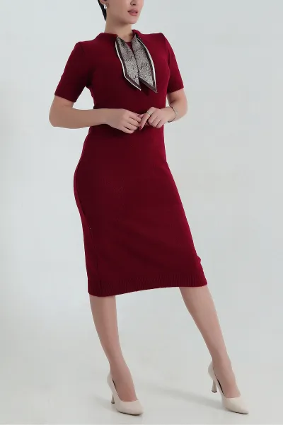Bordo Fular Detay Kadın Triko Elbise 417829
