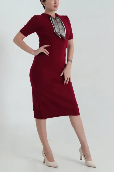 Bordo Fular Detay Kadın Triko Elbise 417829