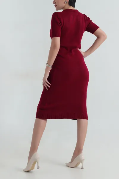 Bordo Fular Detay Kadın Triko Elbise 417829