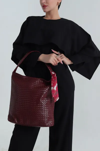 Bordo Fular Detaylı Dokulu Fermuarlı Kadın El Kol ve Omuz Çantası 403480