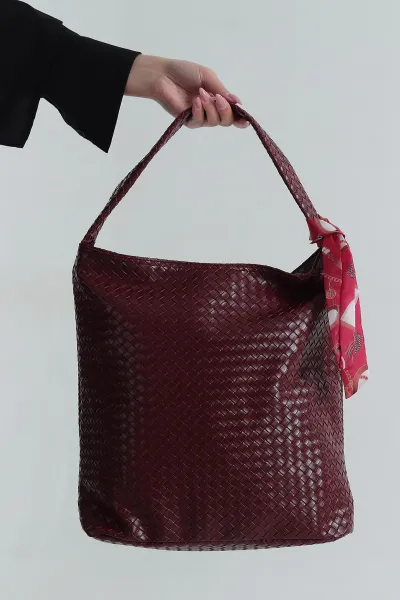 Bordo Fular Detaylı Dokulu Fermuarlı Kadın El Kol ve Omuz Çantası 403480