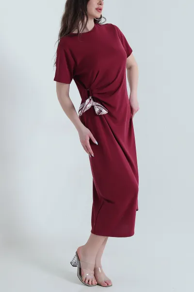 Bordo Fularlı Pike Modal Kadın Elbise 447524