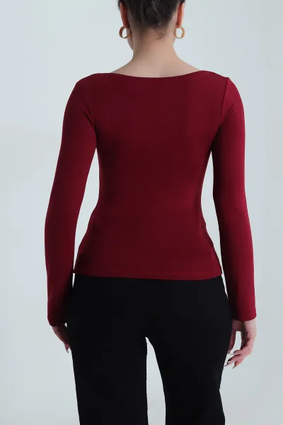 Bordo Geniş Yaka Kadın Body Bluz 490290