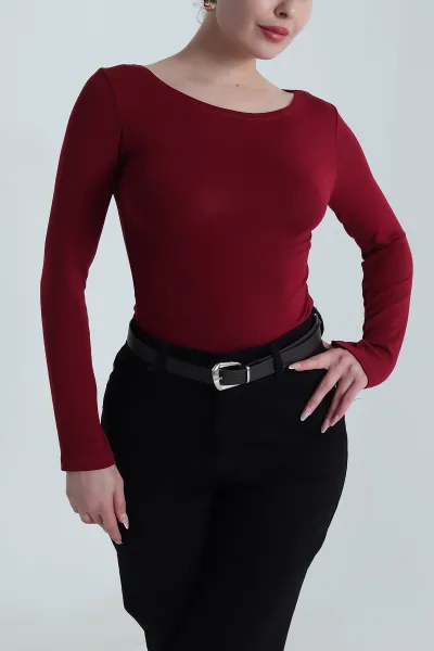 Bordo Geniş Yaka Kadın Body Bluz 490290