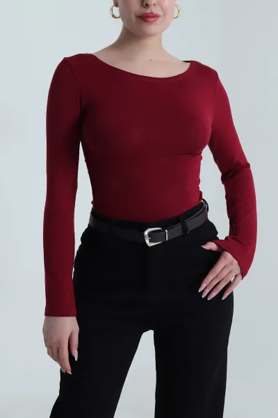 Bordo Geniş Yaka Kadın Body Bluz 490290
