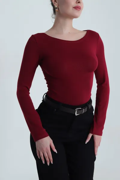 Bordo Geniş Yaka Kadın Body Bluz 490290
