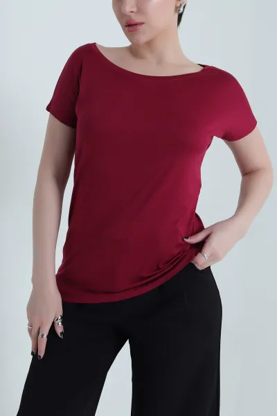 Bordo Geniş Yaka Kadın Tişört 455060