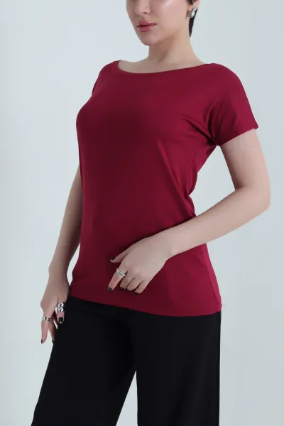 Bordo Geniş Yaka Kadın Tişört 455060