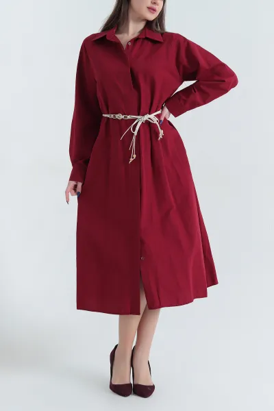 Bordo Gizli Pat Kemerli Poplin Elbise 340434